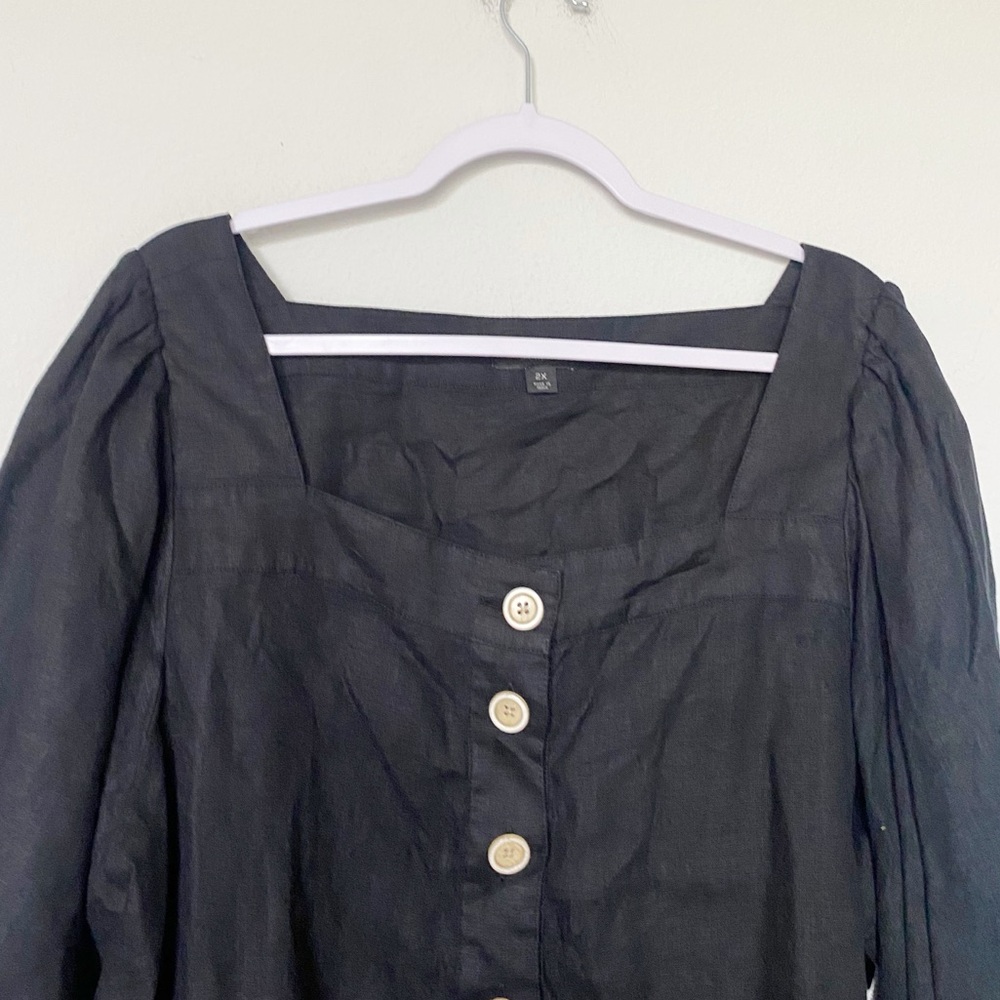 J.Crew Square Neck Button Front Linen Top Boho Preppy Summer Black Size 2X - Picture 3 of 7